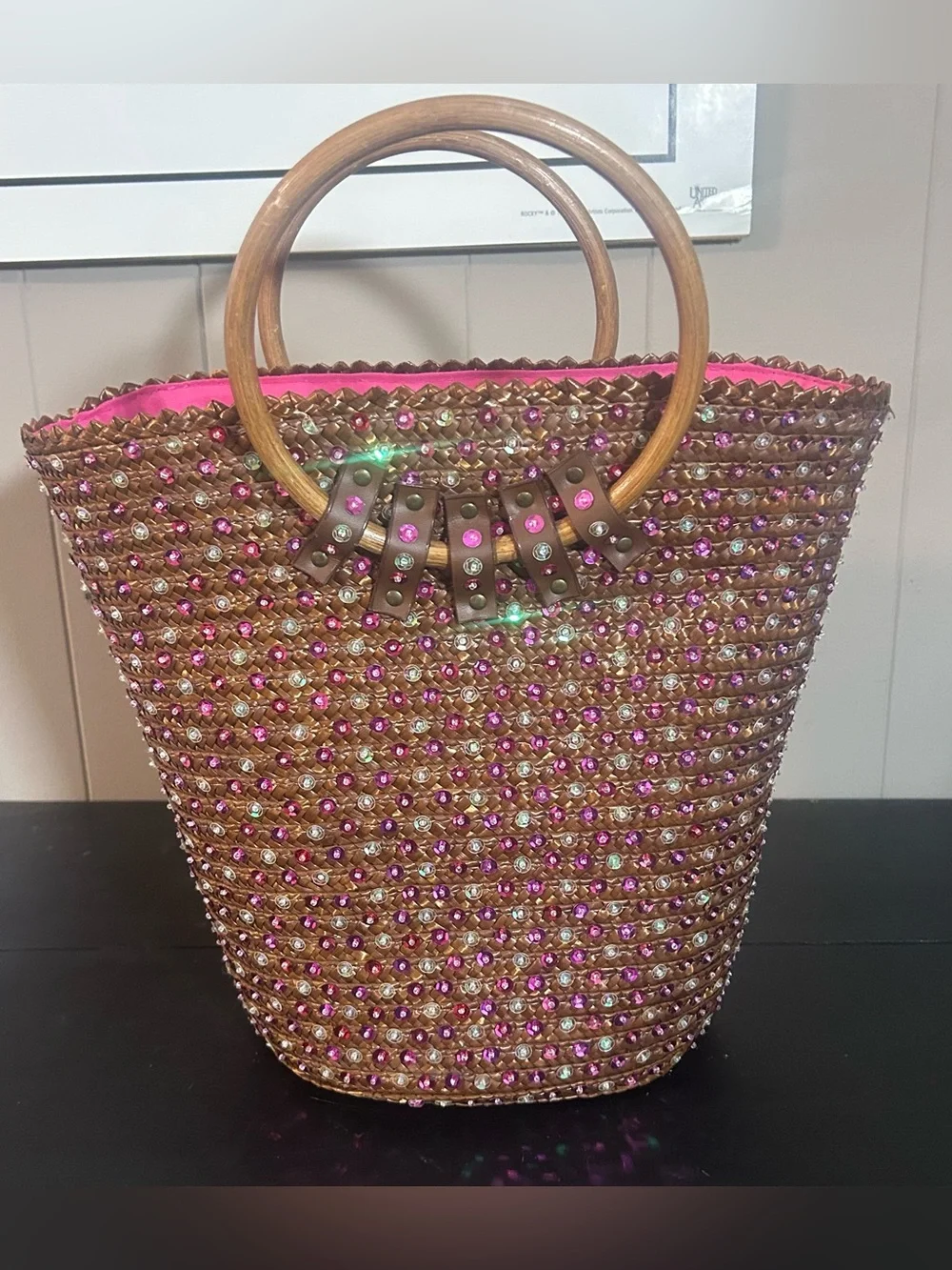 Victoria’s Secret Rhinestone Straw Tote Wooden Handles Pink Lined Beach Bag